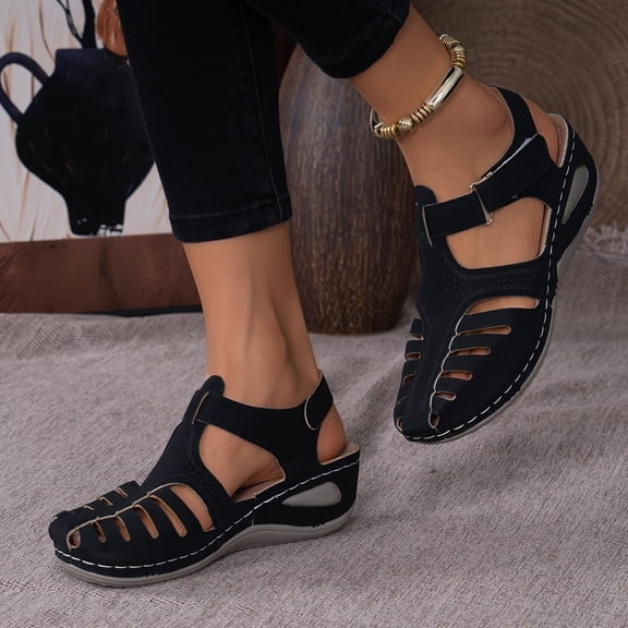 Womens Comfort Wedge Sandals - Perforated Closed toe Adjustable Strap Summer Shoes Black 35