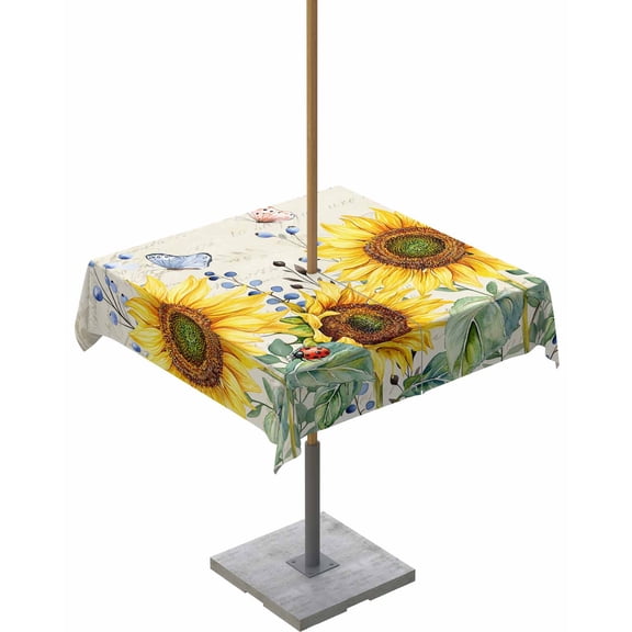 Outdoor Tablecloth with Umbrella Hole for Patio/Picnic/Party/Camping, Sunflowers Waterproof Table Cloth Square Cover Washable, Botanical Floral Butterfly Farmhouse Flowers 60"x 60"