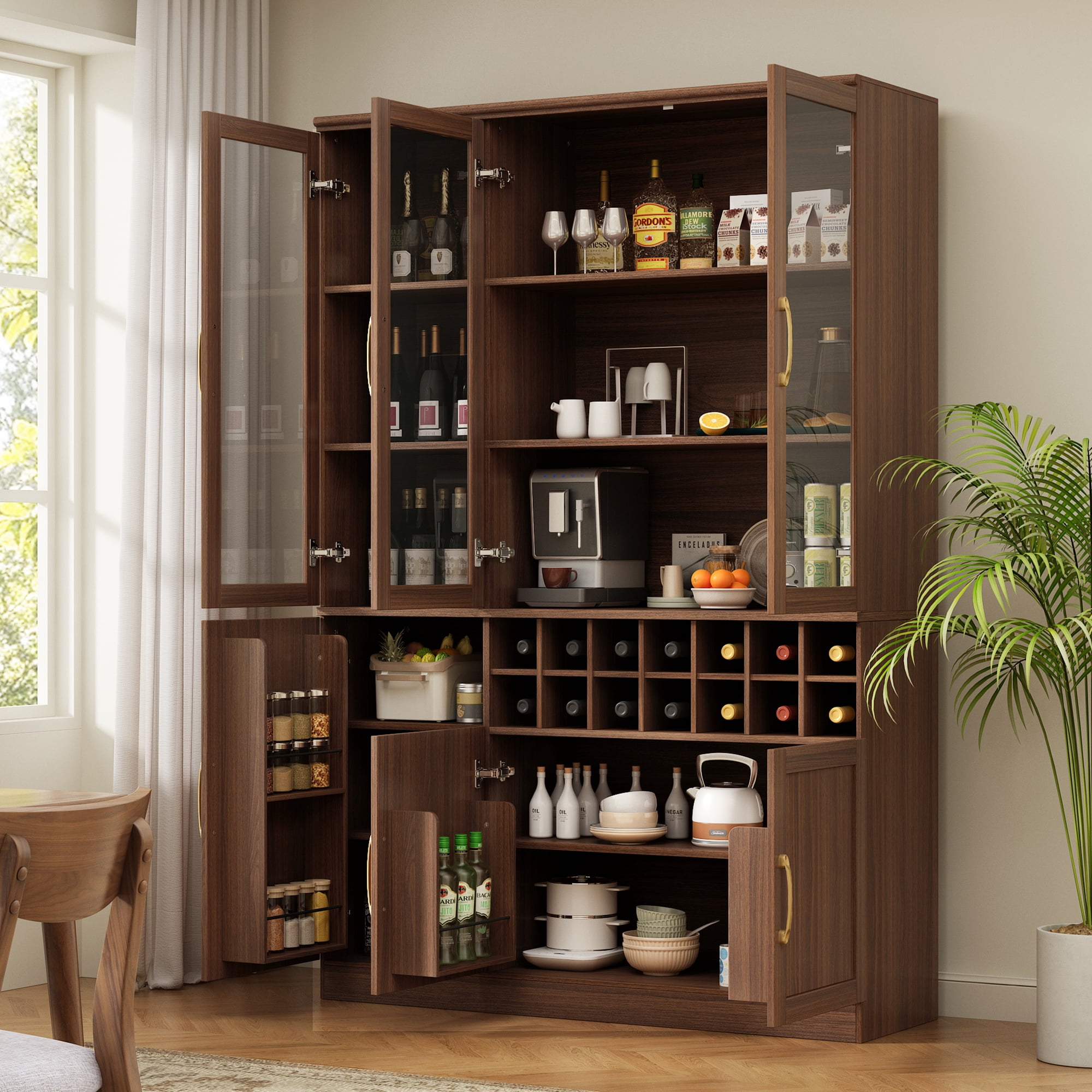 Euroco 70" Tall Wine Bar Cabinet with Glass Doors,Modern Coffee Liquor Cabinet with Removable 14-Bottle Wine Rack & Built-in Door Shelves,Large Pantry Cabinet for for Kitchen Dining Room,Walnut