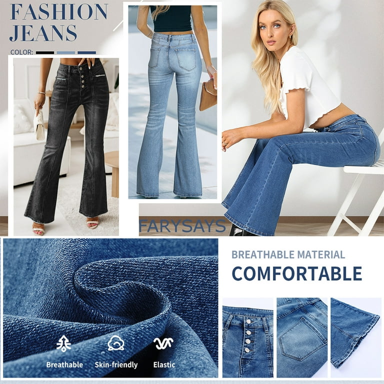 FARYSAYS Tummy Control Jeans for Women's Flare Bell Bottom Jeans Wide Leg  Jeans Button High Waist Bootcut Pants with Pocket 