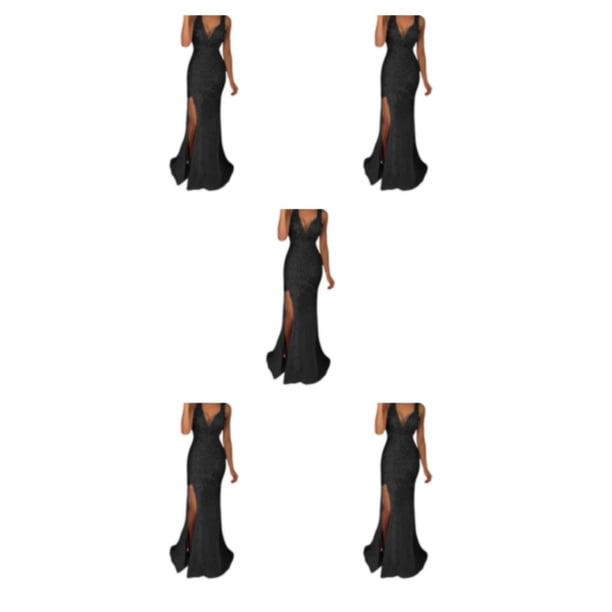 Minnieouse Vestido de noche Traje de fiesta Ropa festiva Cuello en V Bola larga Hombro Sirena Brillo Fino Exquisito Vestidos de baile Negro Type2 NO2