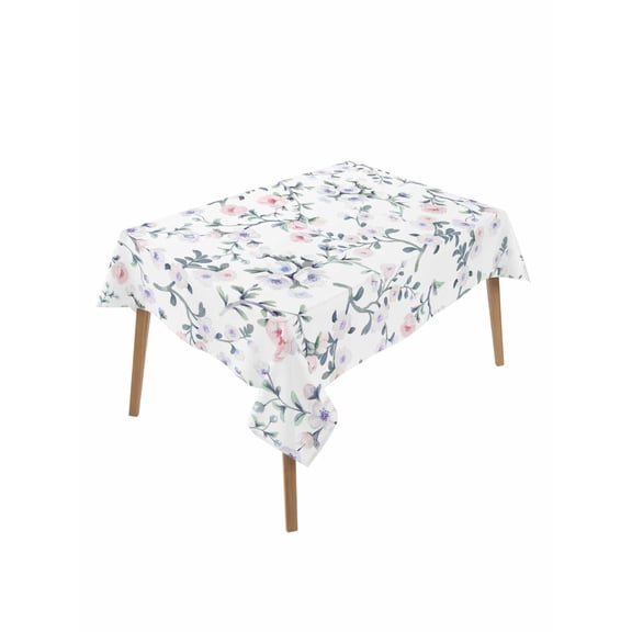 Spring Flowers Rectangle Tablecloth, Blue Pink Floral Leaves Pastoral Botanical Waterproof & StainResistant Tablecloth, Washable Oil-proof Table Cover for Dining/Party/Wedding/Camping/Buffet 52x70 In