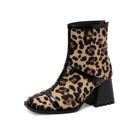 

Ymiytan Ladies Anti-Slip Short Boot Walking Comfort Chunky Heeled Work Casual Winter Shoes Leopard Print 5.5