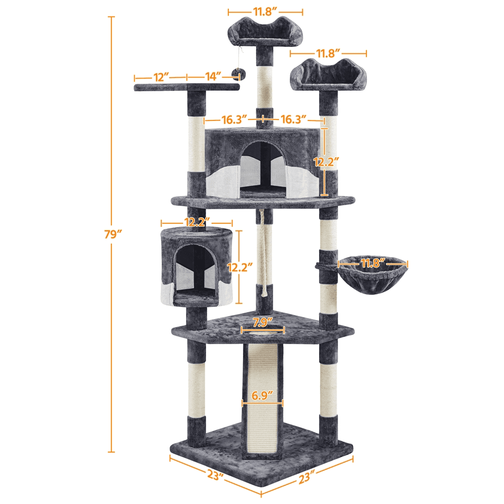 Renwick 79" Multilevel Cat Tree Tower with Scratching Posts, Dark Gray/Beige