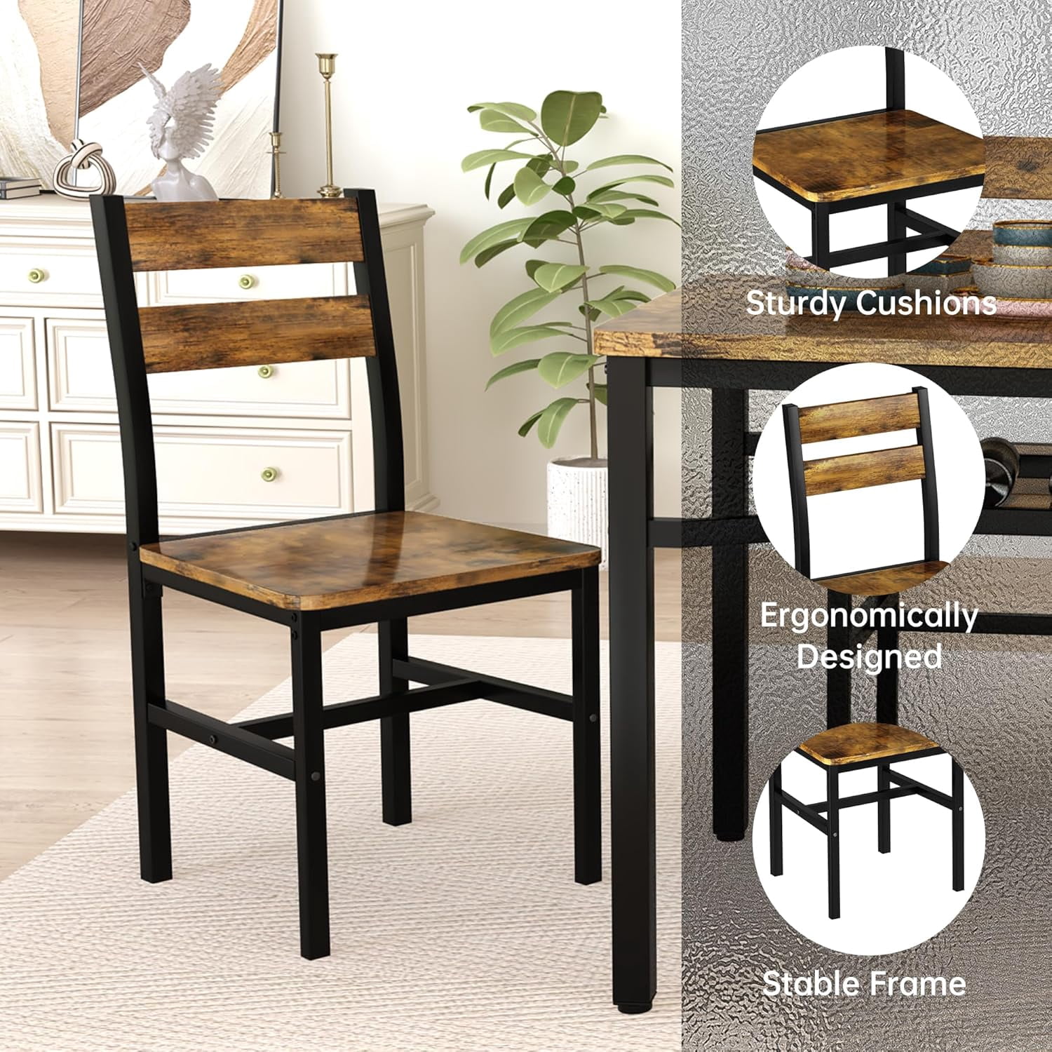 LinkRomat Dining Table Set for 4, Farmhouse Kitchen Table with 4 Wood Chairs, Dining Room Set for Breakfast Nook, Small Places, Restaurant, Brown