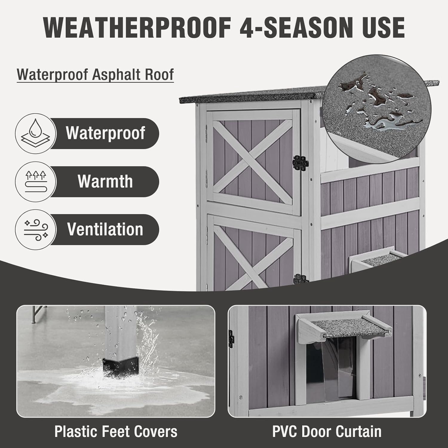 Outdoor Cat House Weatherproof, Heated Feral Cat House with Insulated Liner, 2-Storys Wooden Stray Cat Shelter for Winter
