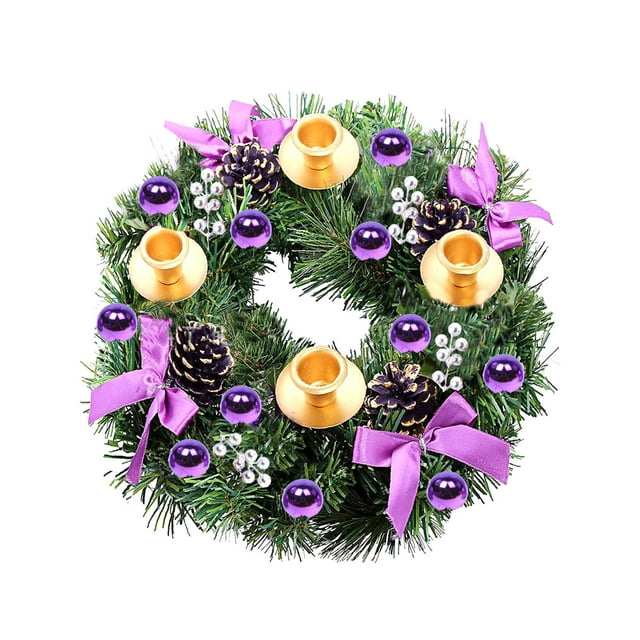 Xihbxyly Corona de Adviento, Candelabros de Cinta Morada, Ramas de Abeto Realistas, Base de Metal Resistente, Decoración Navideña, Ideal para Regalo de Navidad, 30 Cm, Ideal para La Repisa Del Comedo