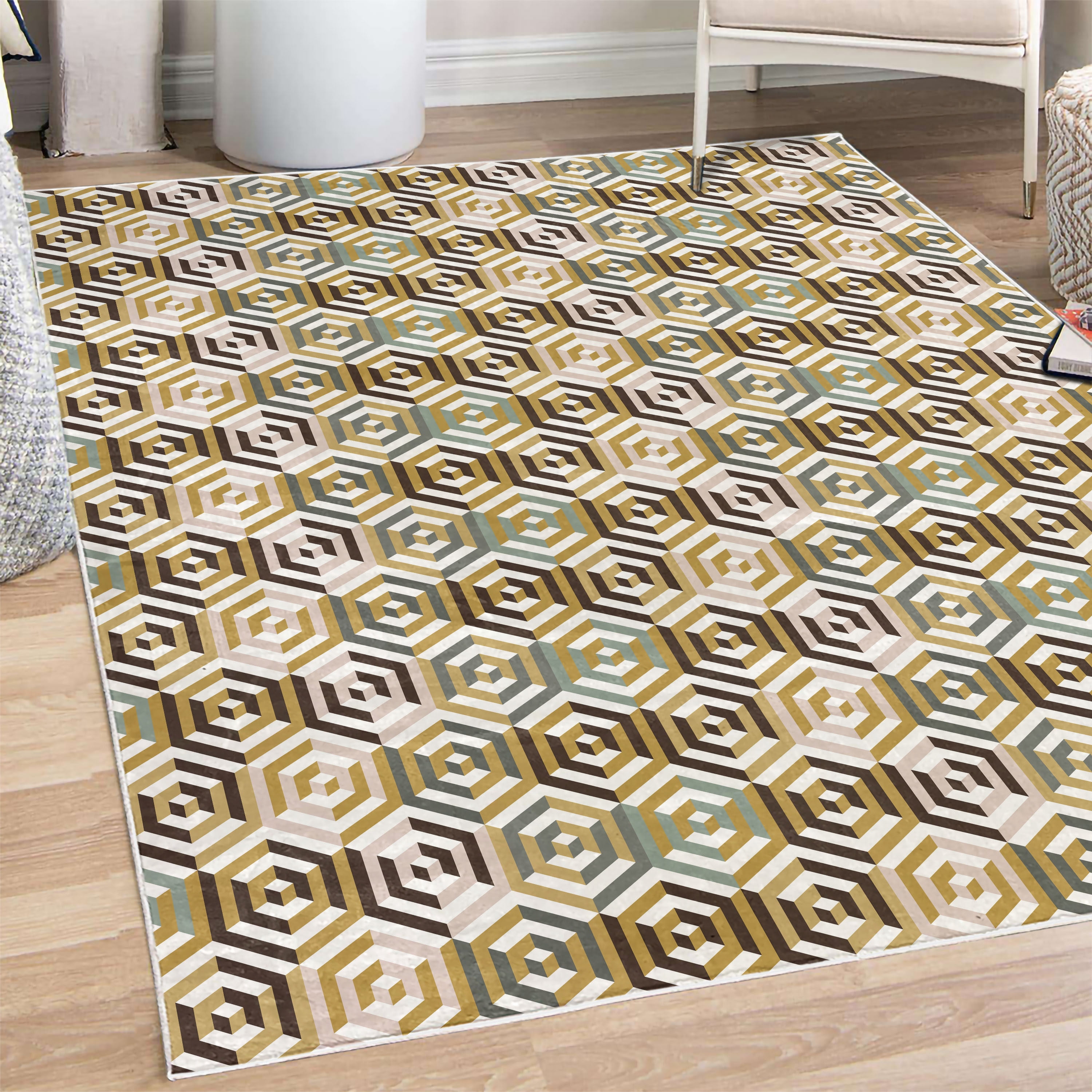Isometry Rug Geometric Decorative Rug, Abstract Cubes Isometric Hexagonal Shaped ...