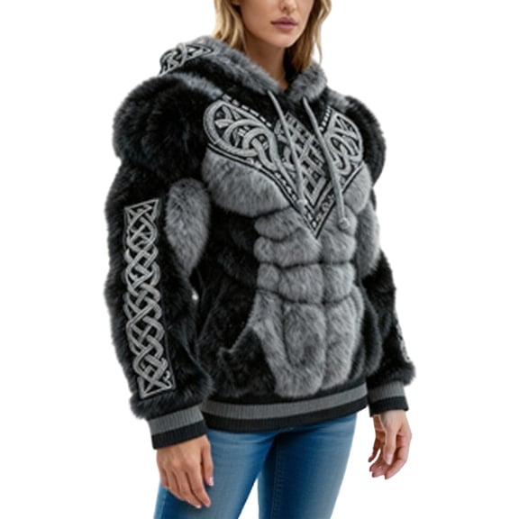 Men's Fuzzy Sherpa Pullover Hoodie 3D Printed Long Sleeve Sport Pocket Military Hoodies Winter Gym Hooded Sweatshirts Grey L