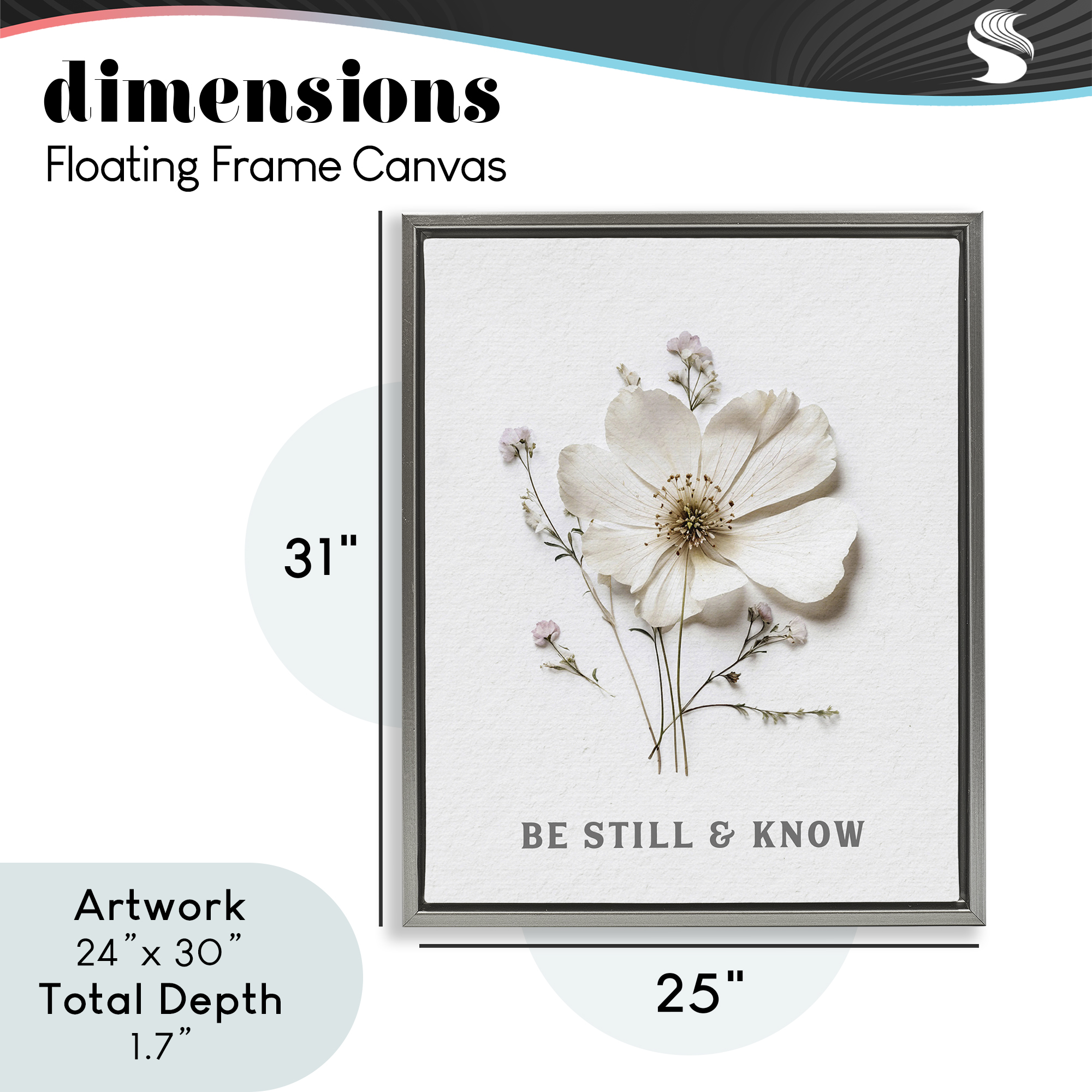 Be Still & Know Pressed Flowers Gray Framed Floater Canvas Wall Art, design by Lettered and Lined