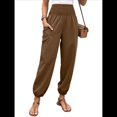 thumbnail image 2 of Pantalones de Verano Bohemios Informales de Negocios, Plisados, Elásticos, de Cintura Alta, de Pierna y con Bolsillos para Mujer. Color Café L, 2 of 9