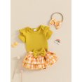thumbnail image 5 of Baby Toddler Girl Summer Outfits 3 6 12 18 Months Solid Color Crew Neck Short Sleeve Romper Bow/Sunflower Print Shorts Headband 3Pcs Clothes Set, 5 of 9