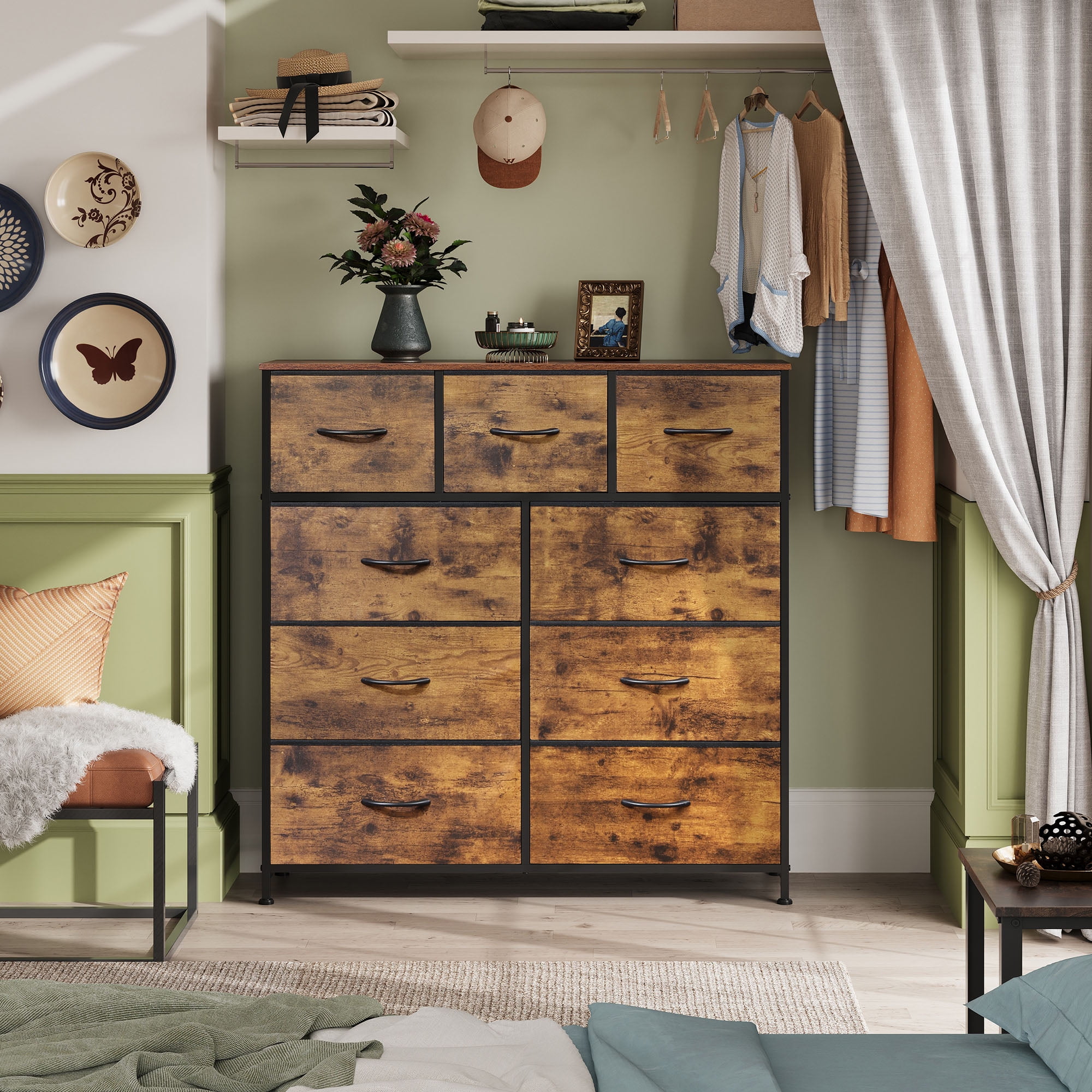 GALAXHERO 9-Drawer Fabric Dresser, Tall Storage Tower for Bedroom, Hallway, Entryway, Closet, Chest Organizer Unit with Fabric Bins, Steel Frame, Wood Top, Rustic Brown Wood Grain Print