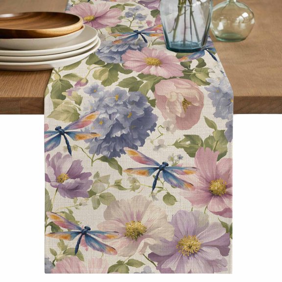 Table Runner 36 Inches Long for Kitchen Dining, Vintage Flowers Dresser Scarf Farmhouse, Dining Table Decorations for Wedding/Parties, Spring Watercolor Floral Dragonflies Beige 13 x 36 In