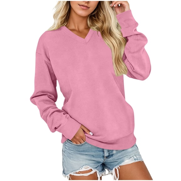 CQONEPT Oversized Women V Neck Sweatshirt Loose Puff Long Sleeve Tops Soft Trendy Fashion Fall Travel Workout Pullover PinkS