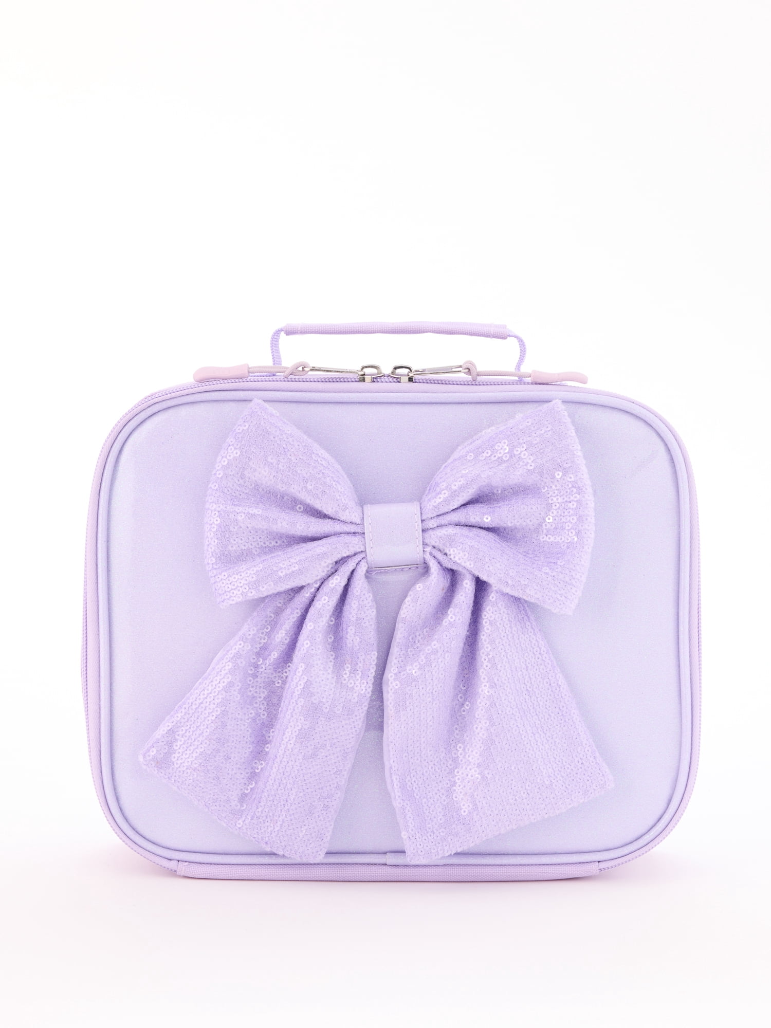 Schoolyard Vibes 17" Girls' Sequin Bow 3-Piece Kids Backpack Set with Headphones & Lunch Box, Purple