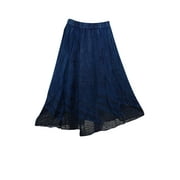 Mogul Womens Long Skirt Blue Embroidered Rayon A-line Flirty Medieval Skirts
