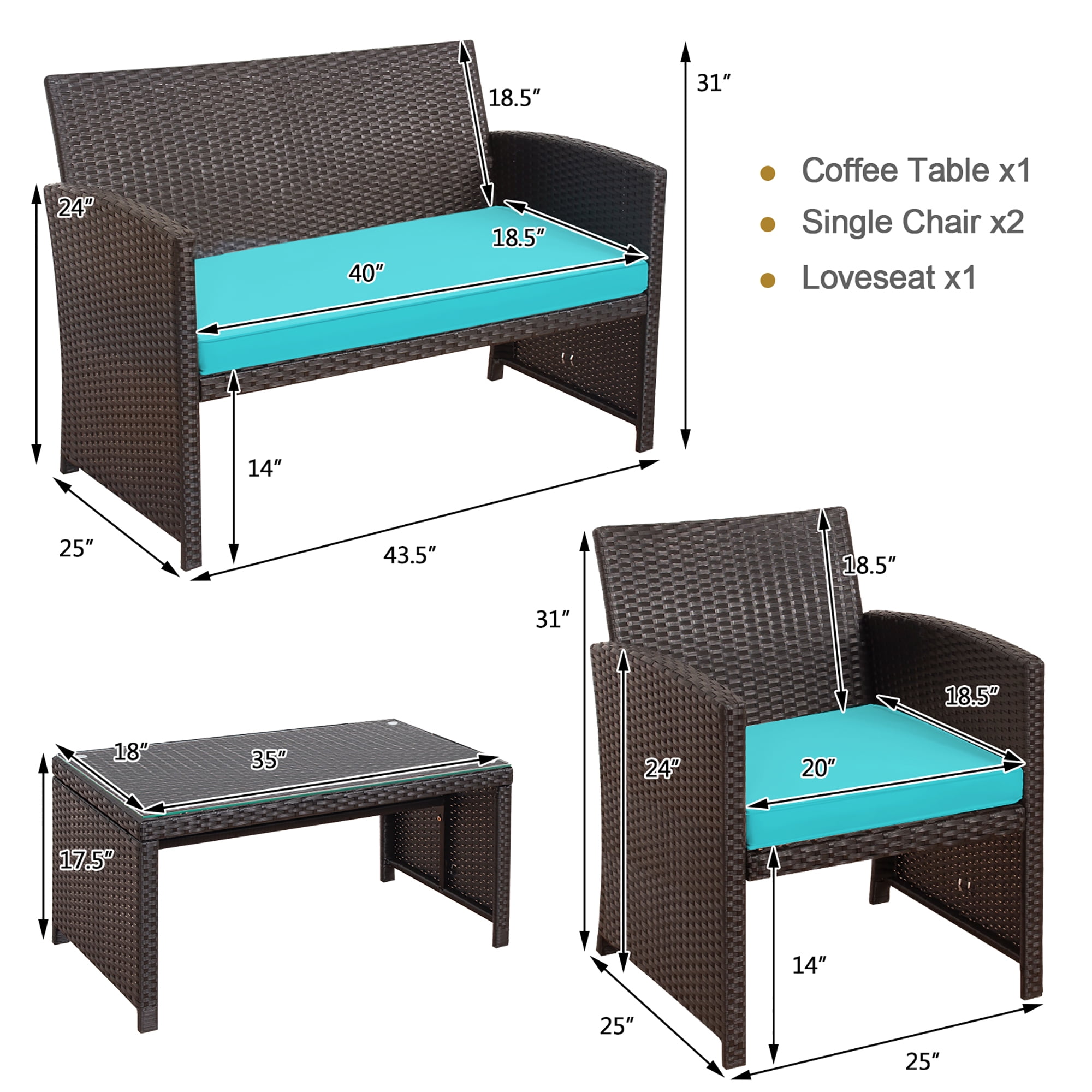 Costway 4PCS Patio Rattan Furniture Set Cushioned Chair Sofa Coffee Table Turquoise