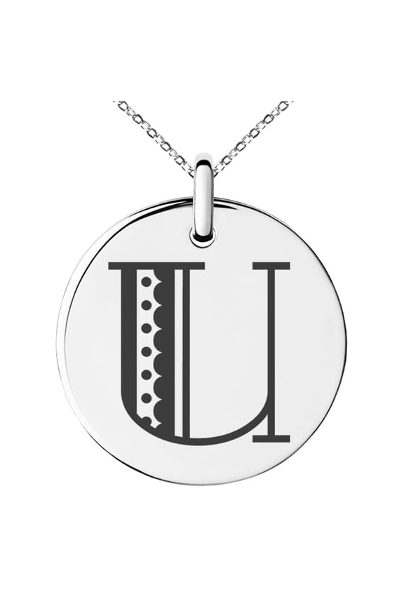 Stainless Steel Letter U Initial Metro Retro Monogram Engraved Small Medallion Circle Charm Pendant Necklace