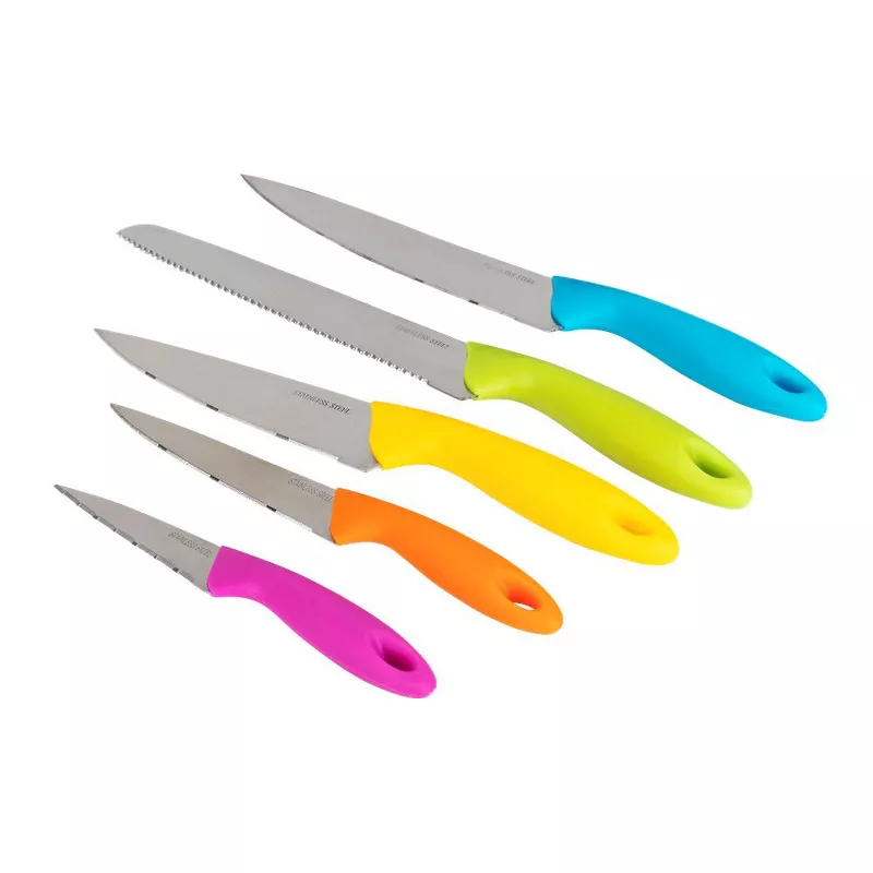 6 Piece Stainless Steel Knife Set with Multi-Colored Handles In Block