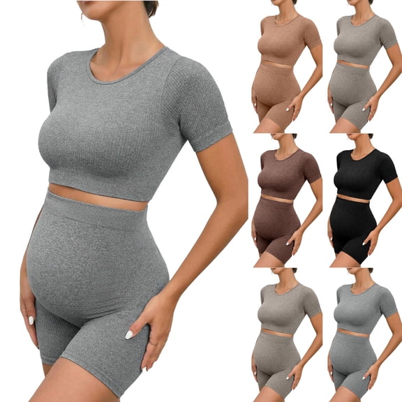 Tqyyweavej Maternity 2 Piece Outfit Quick Dry Short Sleeve Crewneck Yoga Tops and Over The Belly Solid Color Ribbed Workout Shorts