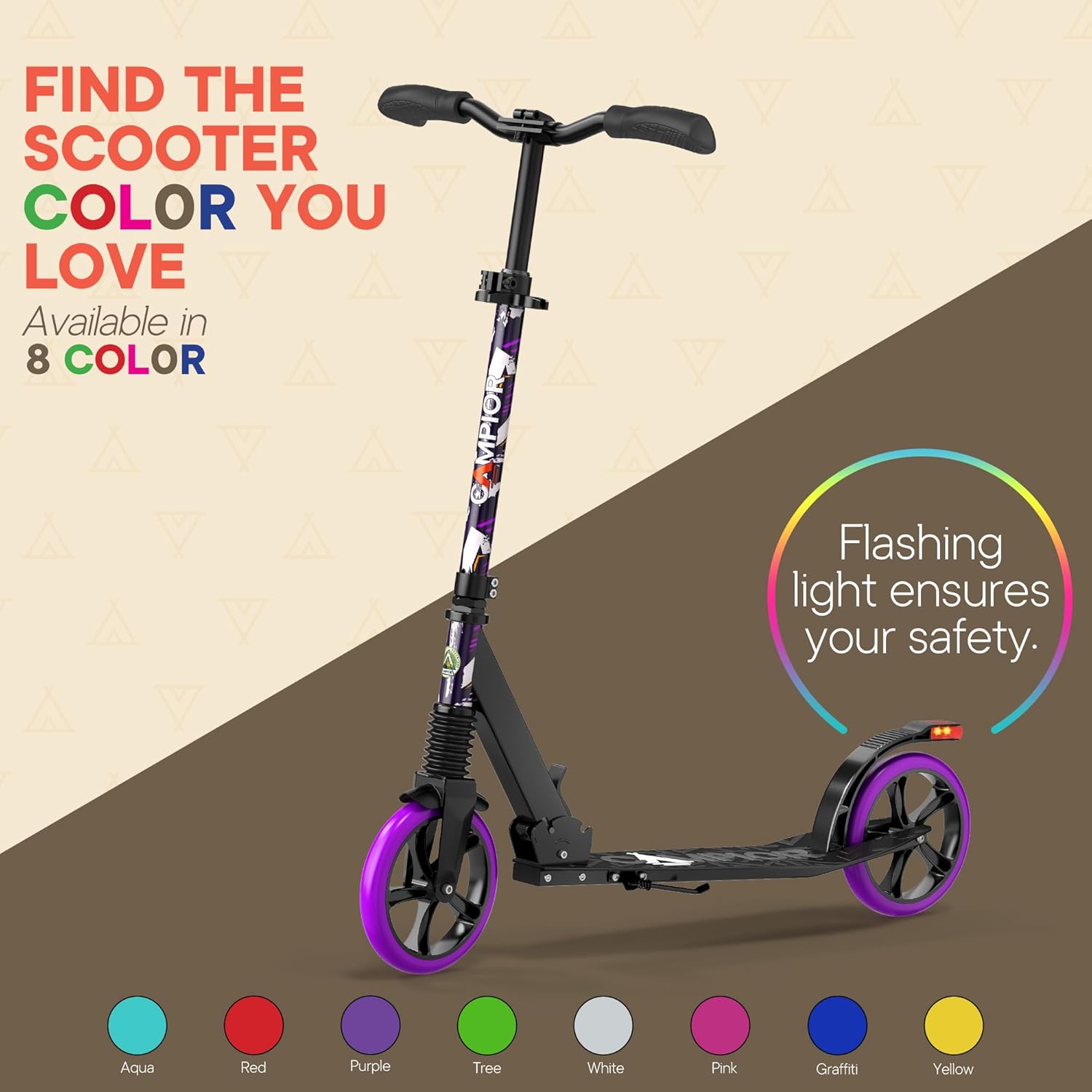 Campior Kick Scooter for Ages 6+, Kids, Teens & Adults, Foldable with Kickstand, 8-Inch Big Wheels, Max Load 240 lbs, 3-Level Adjustable Handlebar, Purple