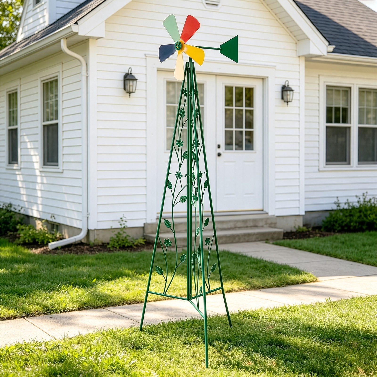 6.2FT Decorative Iron Windmill with 5 Green Rotatable Blades, Tripod Base Weather Resistant Garden Wind Spinner for Yard Patio Outdoor Landscape