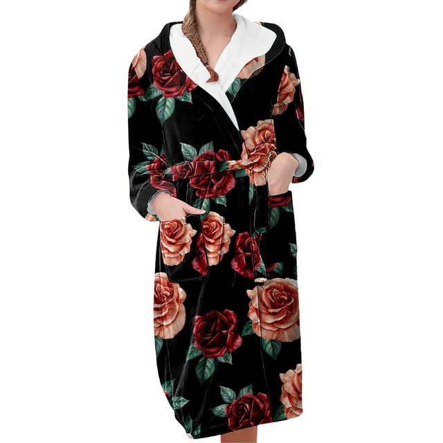 Women's Fleece Plush Robe Long Warm Plush Bathrobe Loungewear Jacket Printed Comfort Robe