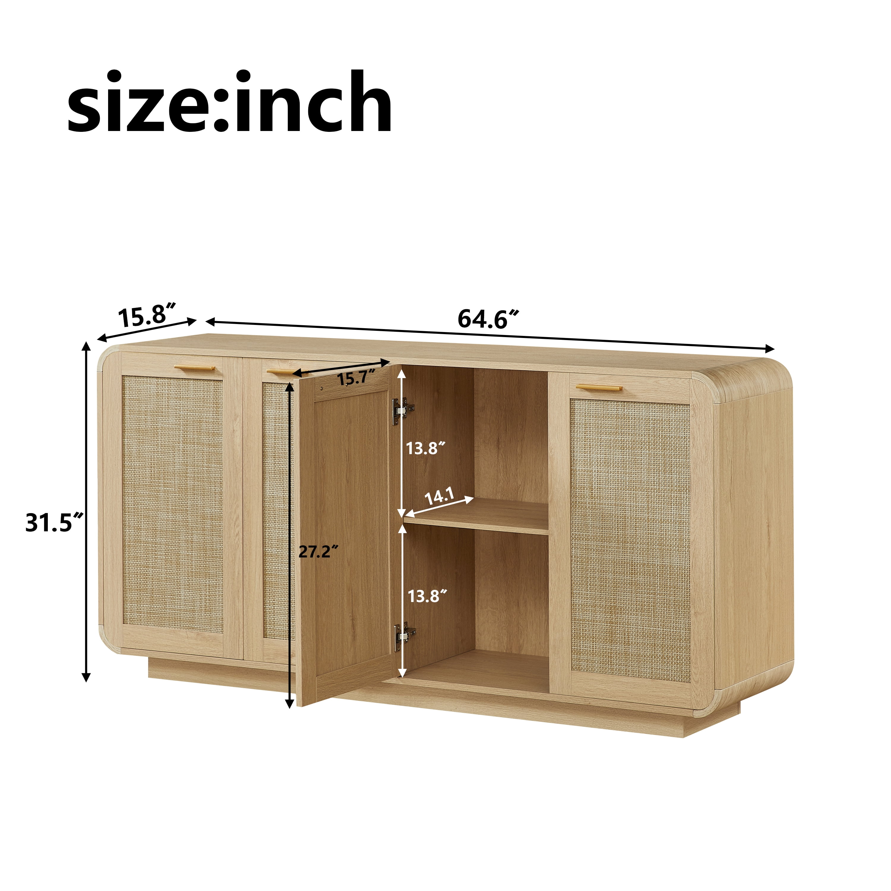 Sideboard Cabinet 64.6 Inch, Rattan Storage Buffet Cabinet with 4 Doors and Metal Handles, Woven Wood Storage for Living Room and Dining Room, Natural