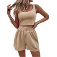 thumbnail image 2 of Womens Summer 2 Piece Outfits Knitted Sets Sleeveless Square Neck Crop Top Tank High Waisted Shorts Waffle 2 Piece Lounge Set, 2 of 6