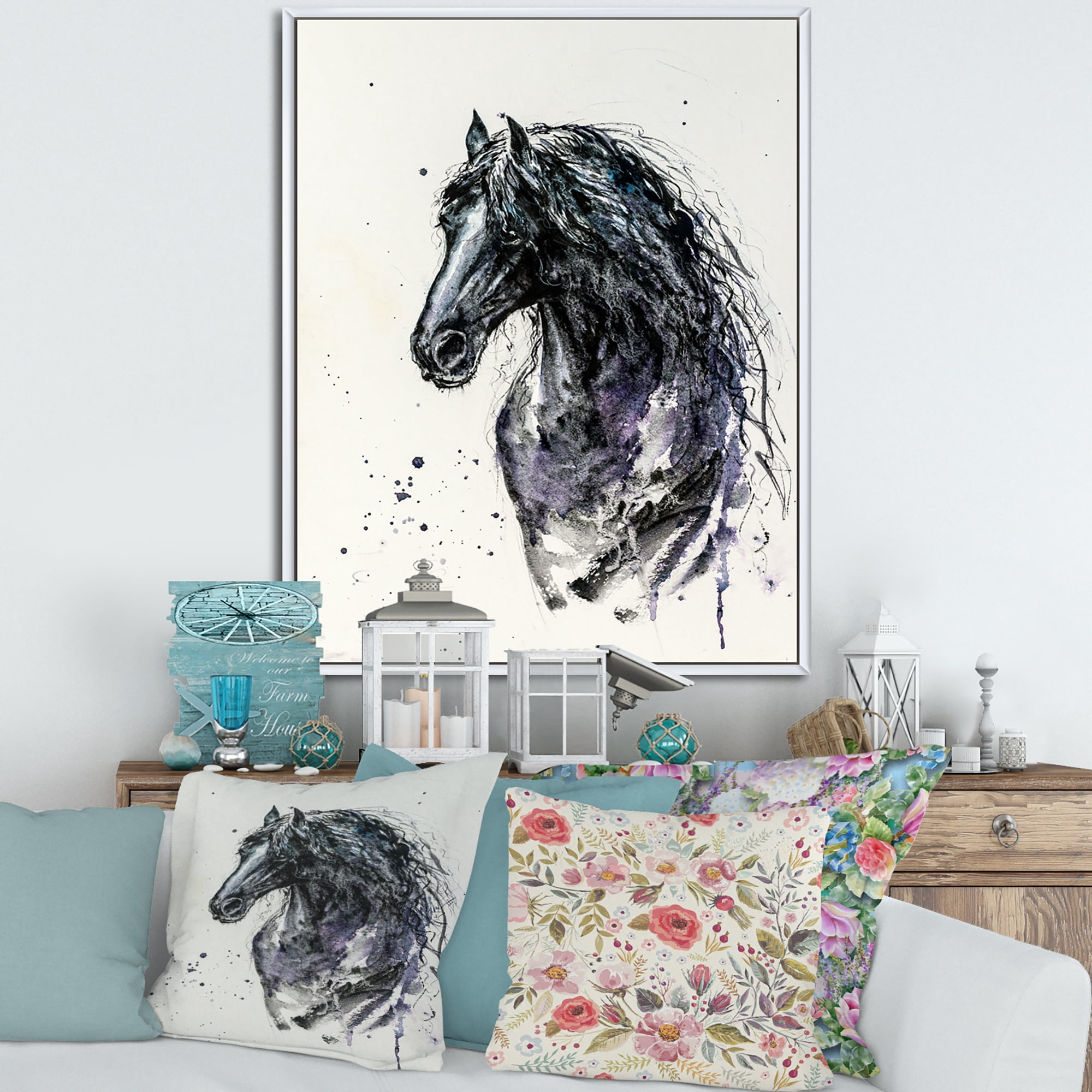 Designart 'Close Up of Friesian Horse With Long Manes' Farmhouse Framed Canvas Wall Art Print