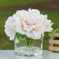 thumbnail image 2 of Enova Home Artificial Flowers Fake Silk Peony Flowers Arrangement in Cube Glass Vase with Faux Water for Home Office Wedding Party Decoration (Peach), 2 of 3