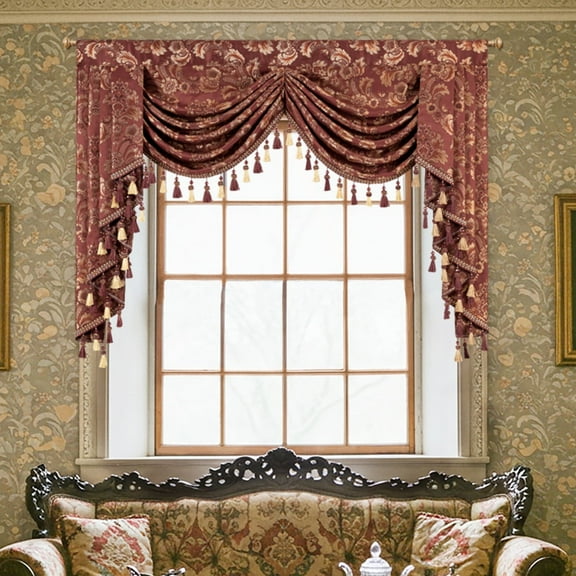 VOGOL Burgundy Damask Valance, Baroque Swag Curtains with Tassels 59x43 Inches for Living Room