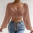 thumbnail image 2 of BLVB Long Sleeve Shirts for Women Ruched Drawstring V Neck Crop Tops Ribbed Blouses Fall Fashion Outfits, 2 of 7