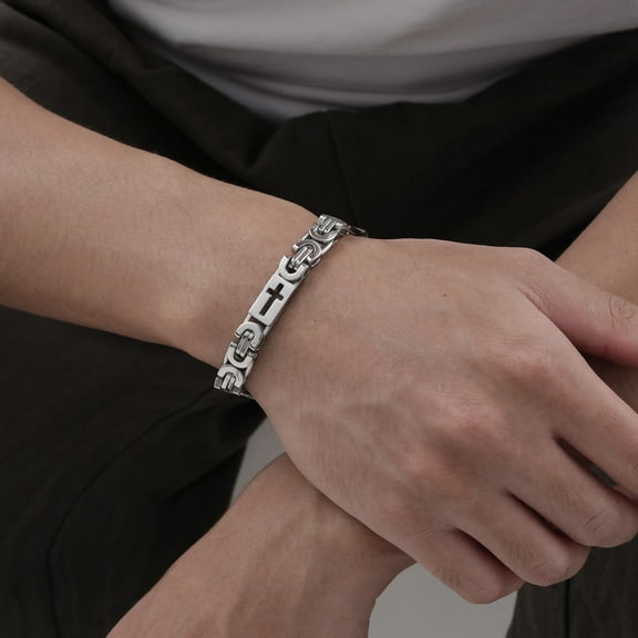 Cross Byzantine Bracelet for Men Boys,Silver Color 14K White Gold Flat Bracelet,Punk Jewelry Gift to Husband Father