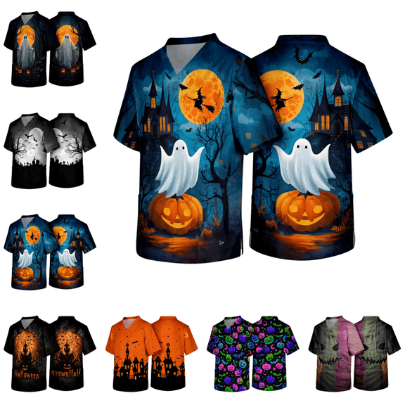 Mens Halloween Scrub Top Casual Trendy Short Sleeve V Neck Scrub T-Shirt Funny Horror Graphics Classic Fit Medical Workwear Light Blue 4XL