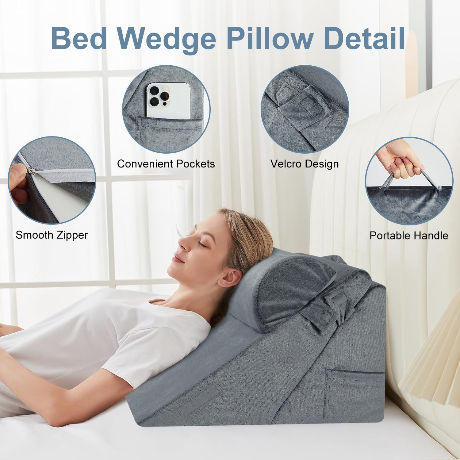 MOONORAH Wedge Pillow for Sleep Apnea, Adjustable Wedge Pillow Headboard, Bed Wedge Pillow for Acid Reflux and Back Pain Relief, Pillow Wedge for Sleeping with Neck Support Pillow, Flannel, Grey