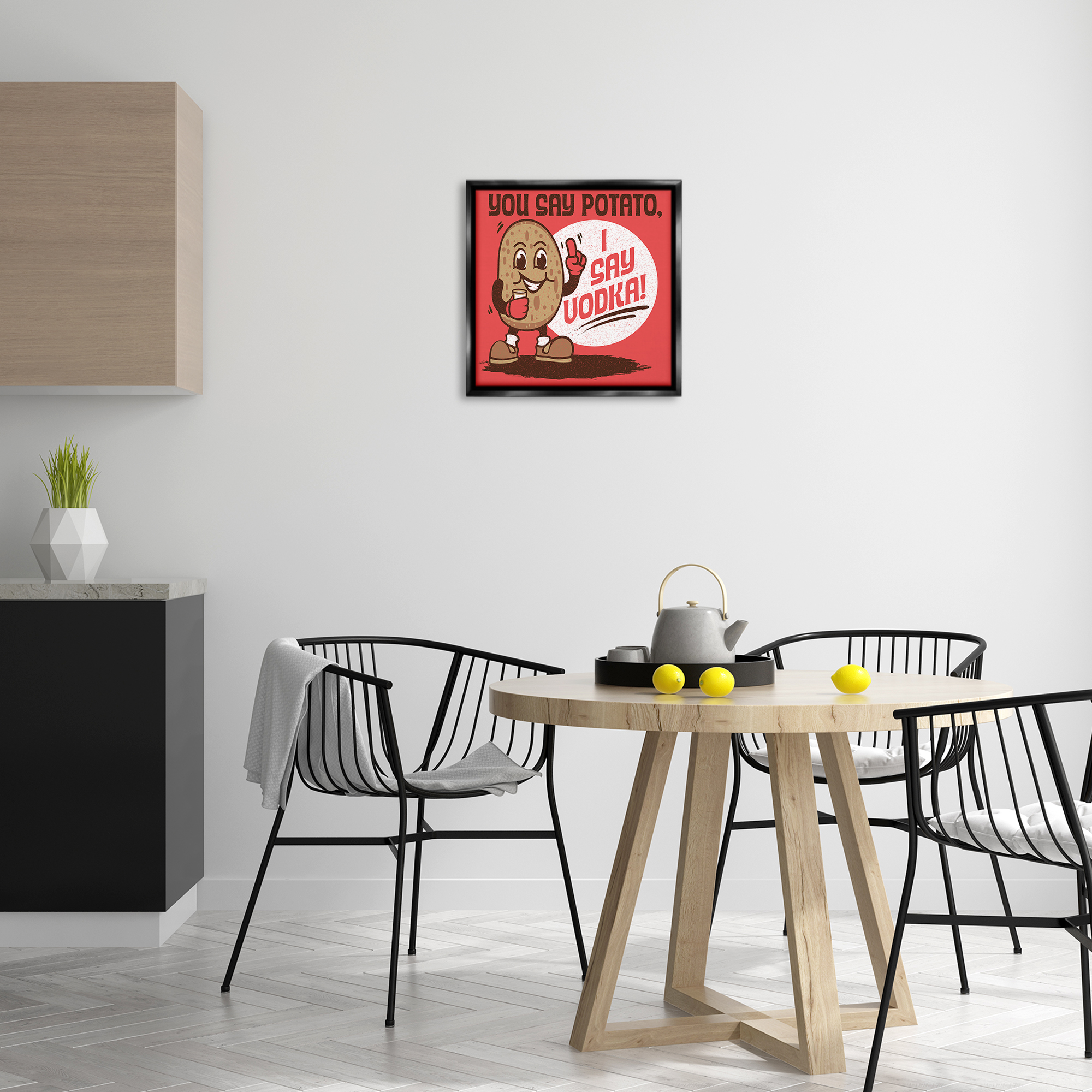 Stupell Industries Funny Potato & Vodka Food & Beverage Painting Black Floater Framed Canvas Art Print Wall Art, 18 x 18
