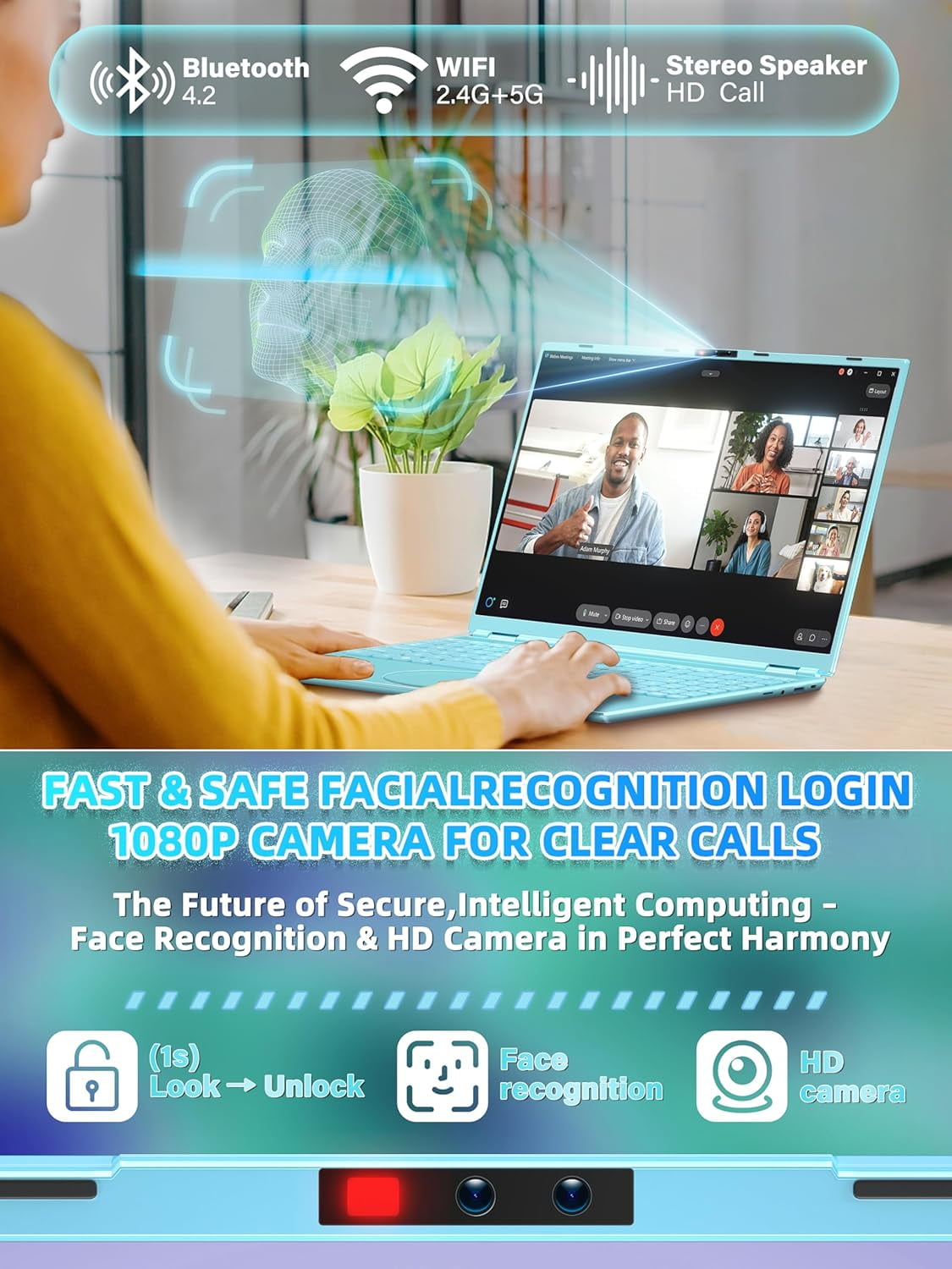 【Win 11 Pro/Office 2019】16" Blue Ultra-Narrow Bezel Laptop, DDR4 16GB RAM, 1TB SSD, Full HD (1920x1080),Celeron N95 (3.4GHz),Color Backlit KB, Face Unlock, USB3.0/HDMI/WiFi/BT, PC Notebook