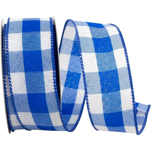 Wire Edged Plaid Twill Royal Blue and White Checked Ribbon 1 1/2" 10 Yards