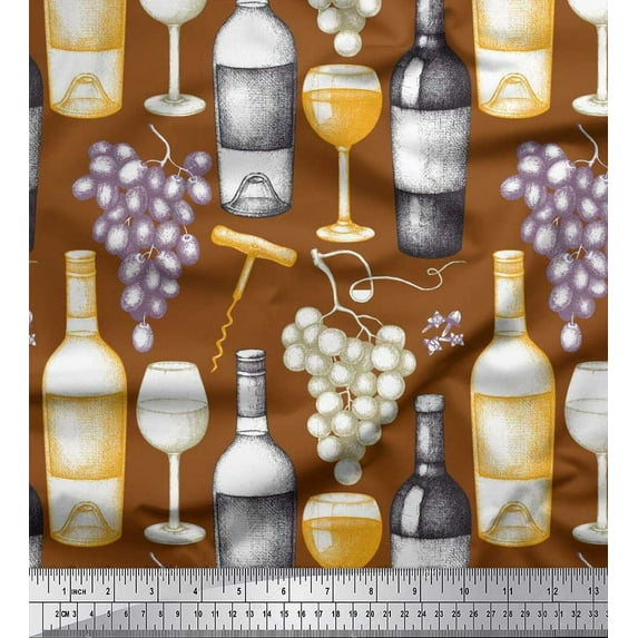 Soimoi Moss Georgette Fabric Grapes,Wine Glass & Bottle Print Sewing Fabric Yard 42 Inch Wide