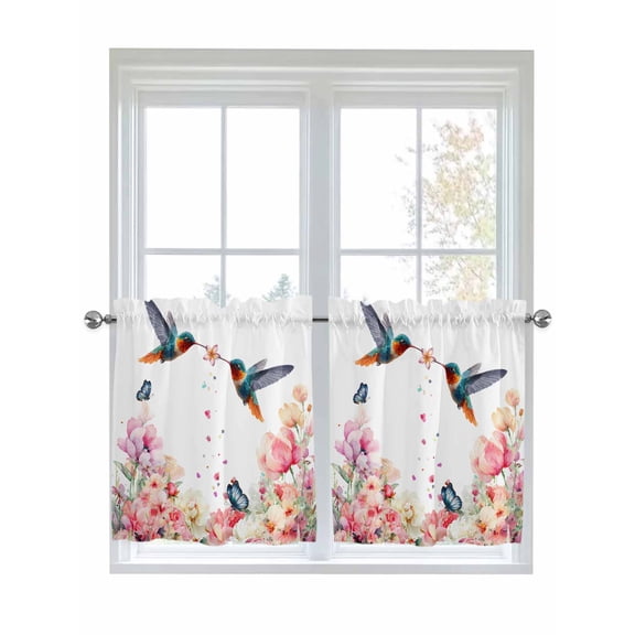Pink Flower 2 Panel Kitchen Curtains for Small Windows, Spring Floral Butterflies Birds Farmhouse Bathroom Tier Curtain, Short Window Treatment for Bedroom/Living Room 55"x36"