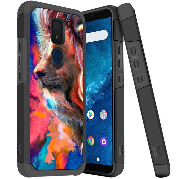 ANJ  Slim Dual Layer Hybrid Shockproof Case   Tempered Glass Cover for Cricket Icon 3, Splendor, AT&T Motivate 2 - Abstract Lion