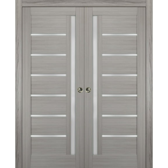 Sliding French Double Pocket Doors 60 x 80 inches Frosted Glass | Quadro 4088 Grey Ash | Kit Trims Rail Hardware | Solid Wood Interior Bedroom Sturdy Doors