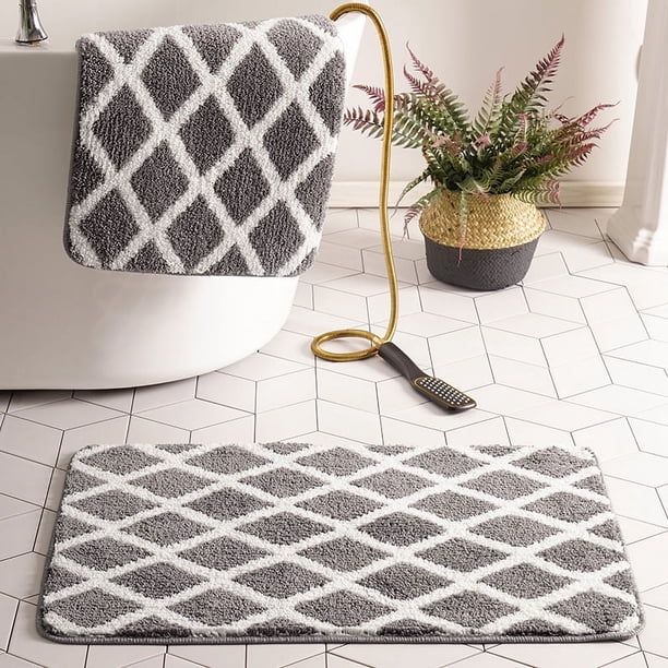 Xiao Hua Alfombra de baño, antideslizante, de felpa, peluda, lavable a máquina, para suelo, bañera y ducha, decoración de baño, gris y blanco, 40,6 x 60,9 cm
