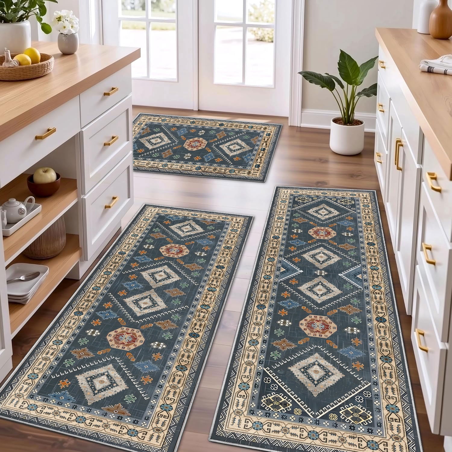 TECHVIDA Kitchen Rugs 3 Piece Set,Non Slip Machine Washable Kitchen Mats,Boho Vintage Abstract Kitchen Carpet for Farmhouse Living Room Hallway