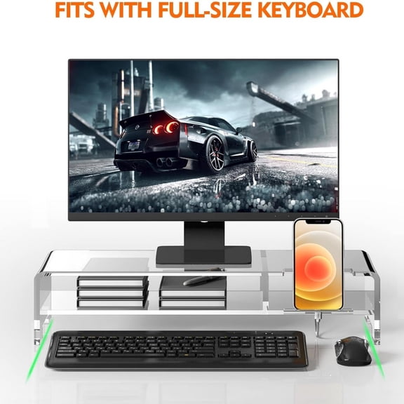 Acrylic Monitor Stand for Full Keyboard, 20" Wide 2-Tier Riser with Storage Shelf and Phone Holder, Desktop Organizer for Laptop, Printer, Screen