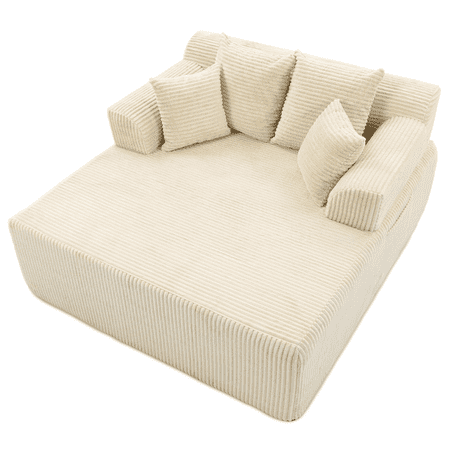 WENTUM 58" Chaise Lounge Chair Indoor, Oversized Corduroy Boneless Sleeper Sofa Bed with Armrests & 4 Pillows, No Assembly for Living Room, Beige