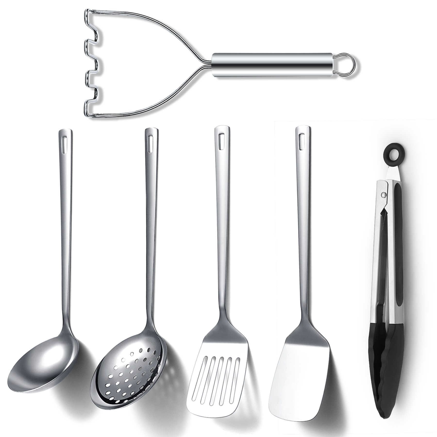 Jeaker Stainless Steel Kitchen Utensils Set 6 Pieces, Cooking Utensil Set Include Metal Spatula Sets, Skimmer, Ladle, Tongs, Potato Masher, Dishwasher Safe