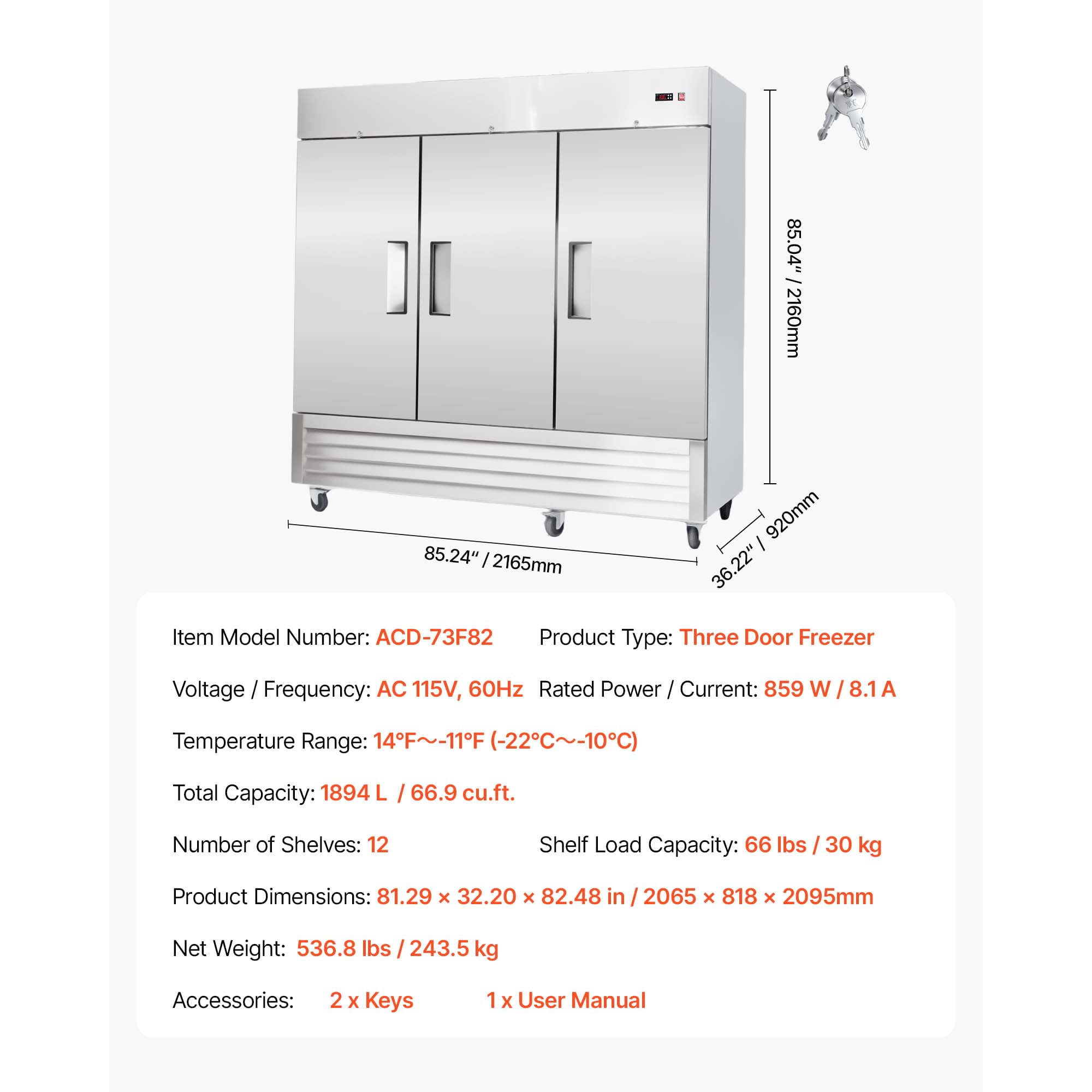 KFFKFF Commercial Stainless Steel Upright Freezer, 85" Wide, 69 Cu.Ft Capacity with Three Doors, Auto-Defrost, 12 Adjustable Shelves, -11 to 14℉ Temperature Range, ETL Certified